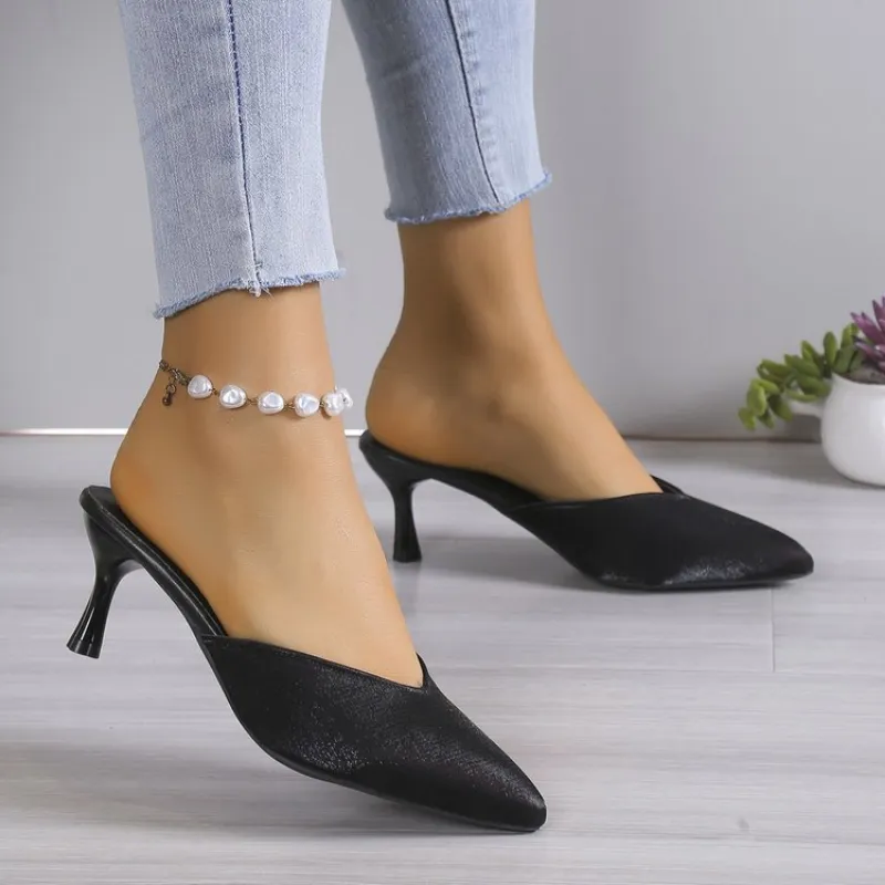 Ladies Dress Mules Shoes Women High Heels 1 3/4 in Hoof Heel Narrow Cotton  Fabric
