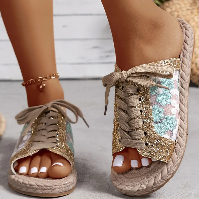 DHgate Womens Bling Flat Sandals Summer Lace Up Slippers with Fashionable Design Shoes Accessories