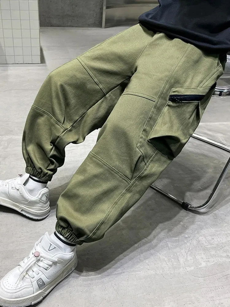 Boys' Cotton Cargo Pants Casual Children Boy Girl Joggers Elastic Waist Outdoor Hiking Baggy Trousers Winter Fall Khaki 7 Years