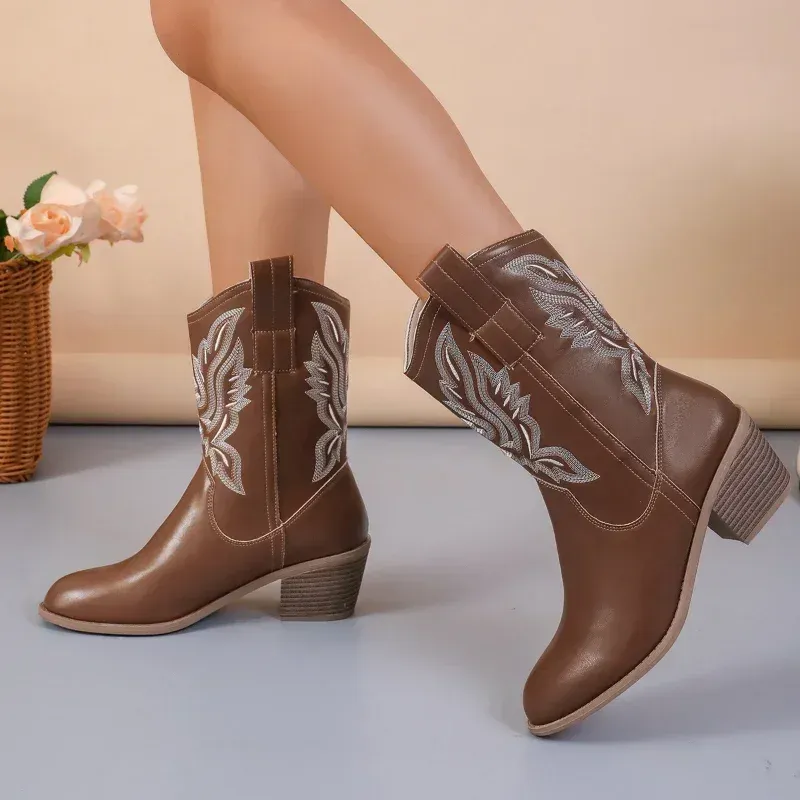 Vintage Embroidered Womens Chelsea Western Boots For Women Mid Calf Pointed Toe Western Cowboy Knight Western Boots For Women With Chunky Gladiator Botas For Winter From Factory Dh4240004 Bulk 22.17 D...