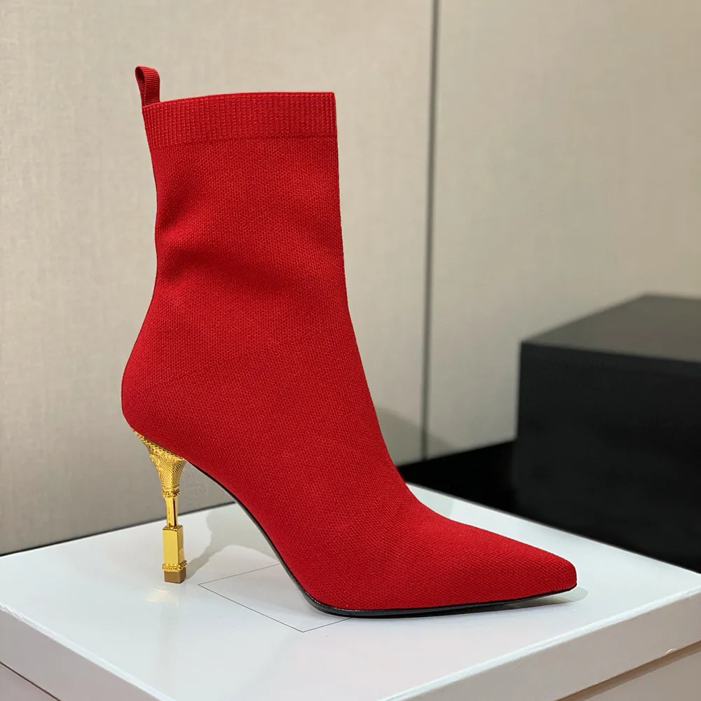 Knitted Sock Ankle Boots Stiletto Mid Calf Pull On Shoes Elastic Point Toe Luxury Designer Fashion Boot With Bow