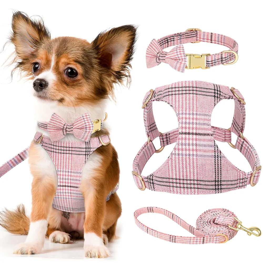 Adjustable Dog Harness Leash Set with Cute Bowtie, Soft Vest Harness and  Lead Belt for Small Medium Dogs and Cats (Pink)