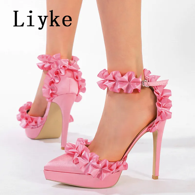 Save Big on Bulk Pink Pointed High Heels Liyke Pink Platform High Heels  Pointed Toe Stiletto Bridal Shoes With Ankle Strap For Parties Weddings 