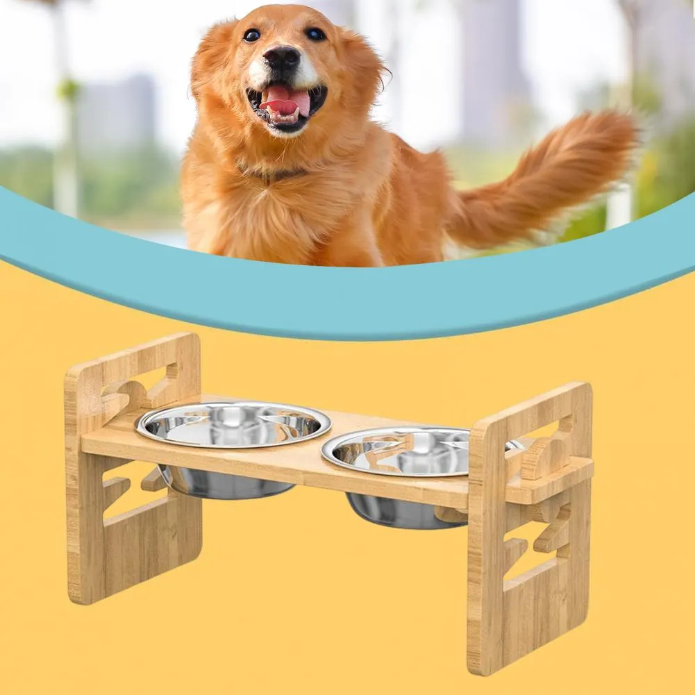 Elevated Dog Bowl Stand Wooden Pet Bowl Holder Adjustable with Tilted Platform Non slip Feeder for Cats Brown