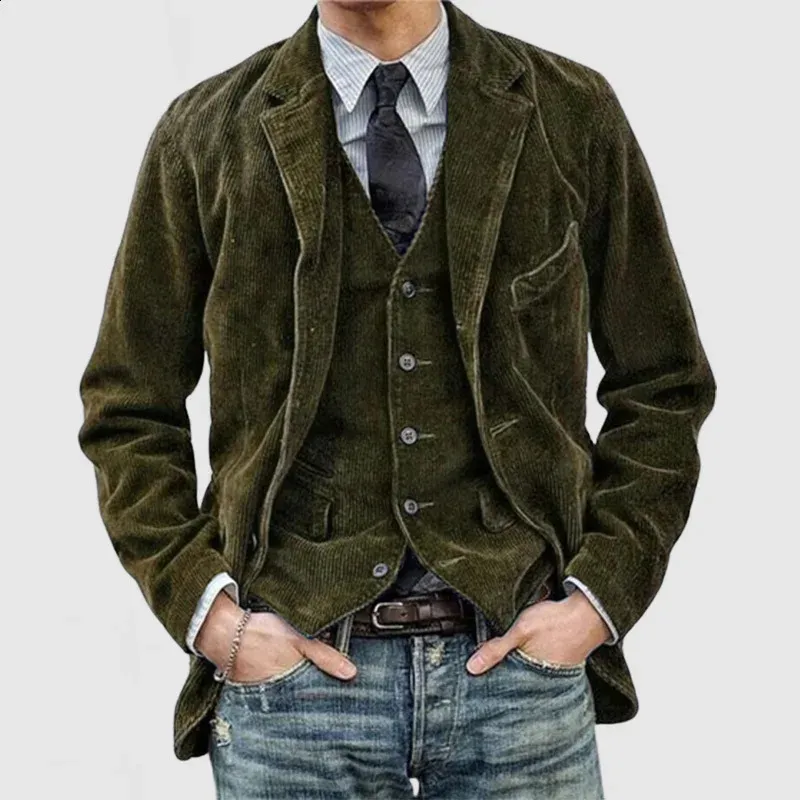 Men's Slim Fit Corduroy Suit Coat Buttonless Outerwear for Autumn and ...
