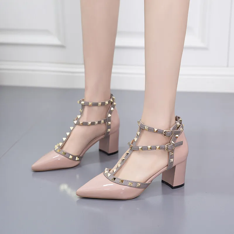 Womens Summer Chunky Heel Sandals Dressy Rivet Pumps for Parties