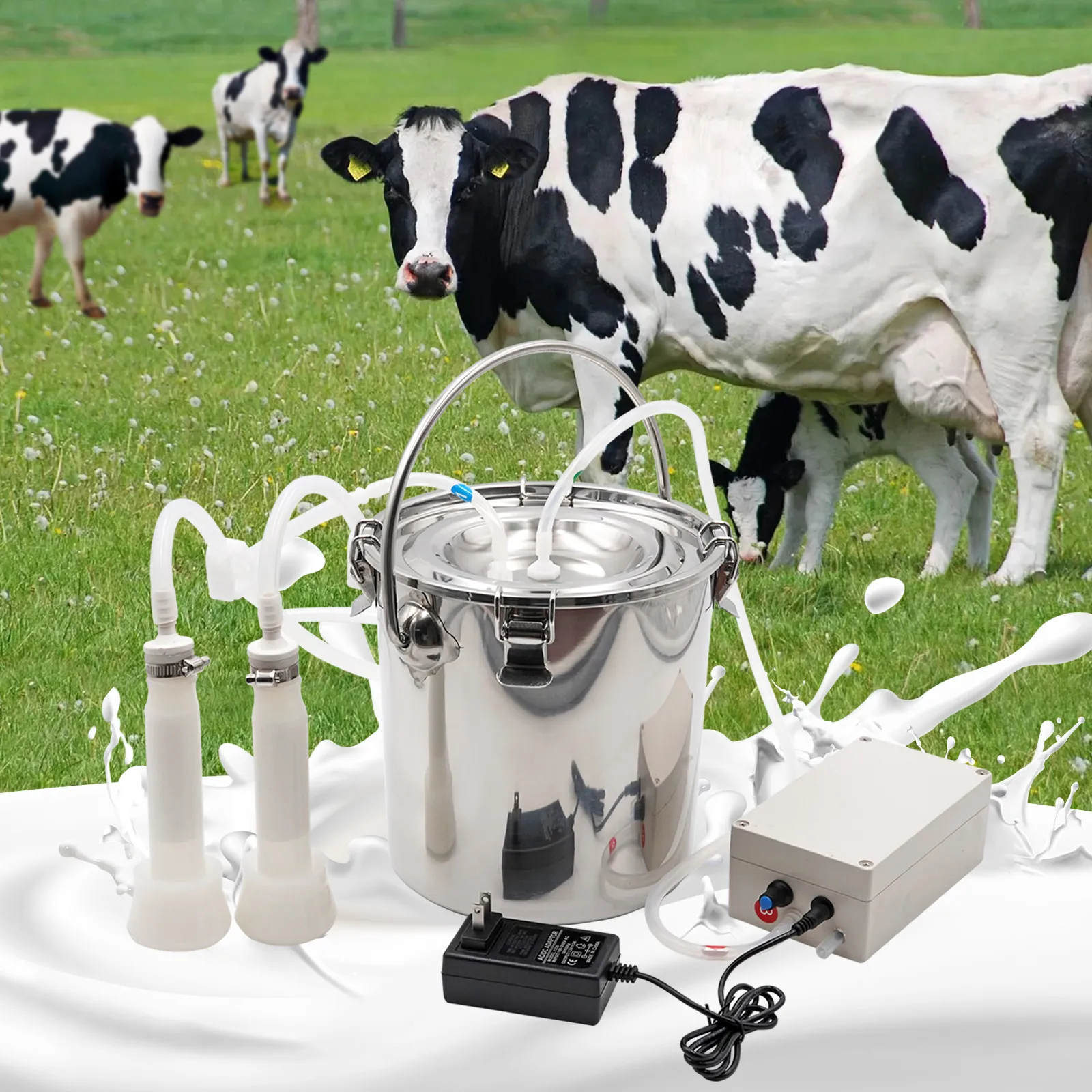5L Electric Goat Milking Machine – Stainless Steel Portable Milker For Cows, Goats & Sheep, With Adjustable Vacuum Pump & Silicone Liners (US Plug)