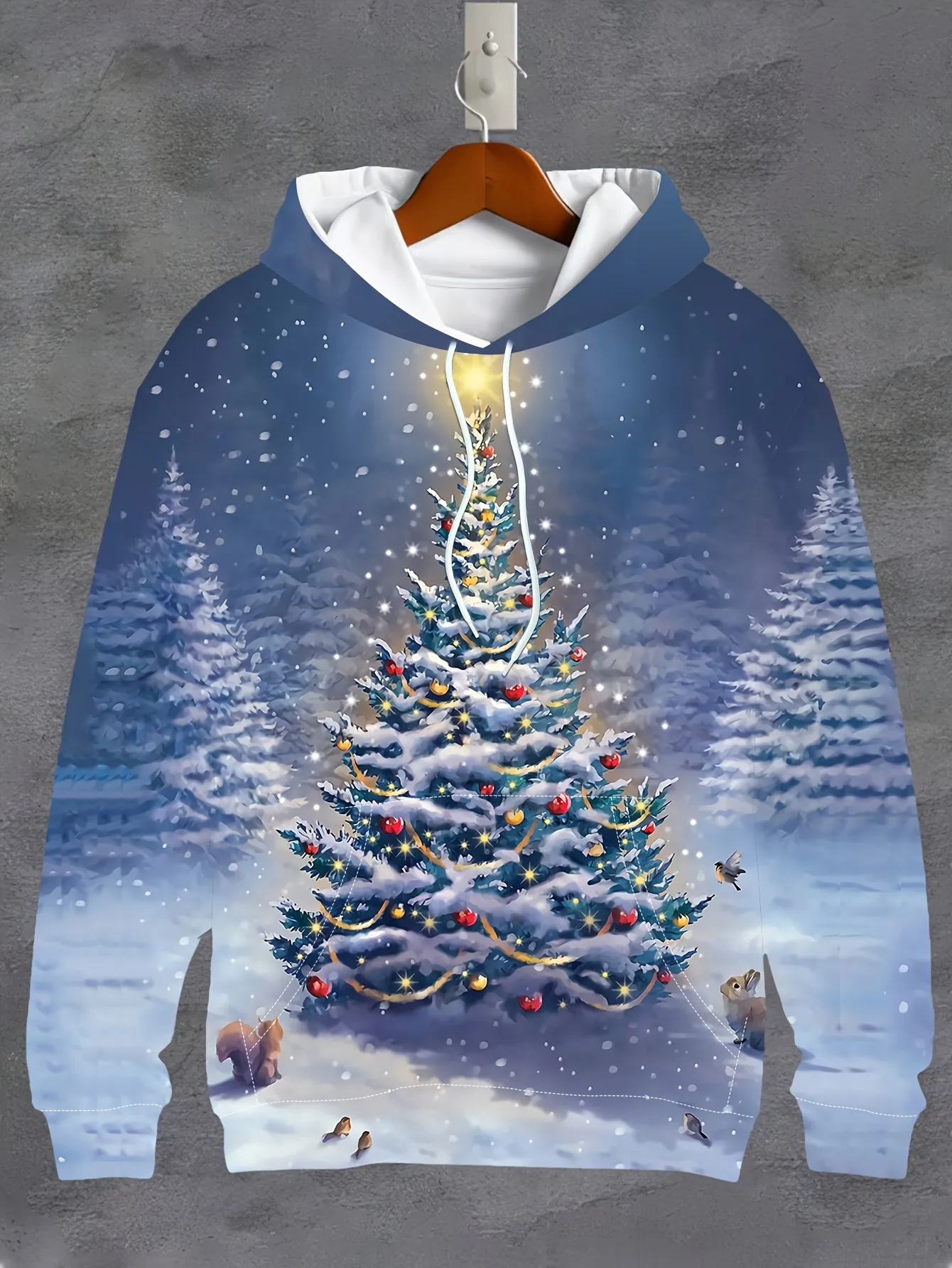 Christmas Sweatshirts For Men, Holiday Tree And Snow Pattern