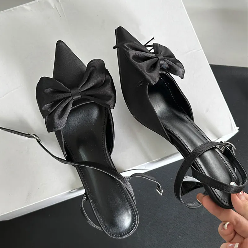 Women s Butterfly Knot Pointed Toe Silk Mules Sandals Low Thin Heels Cozy Buckle Strap Pumps