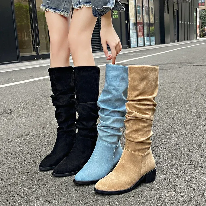 Knee High Big Girls Tall Boots Womens Blue Cowboy Boots: Ladies