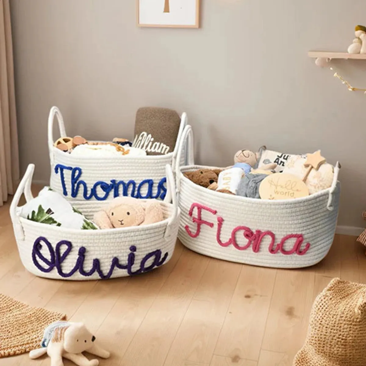 Personalized Baby Shower Gift Basket with Diapers Toys and Rope Cotton Storage Basket