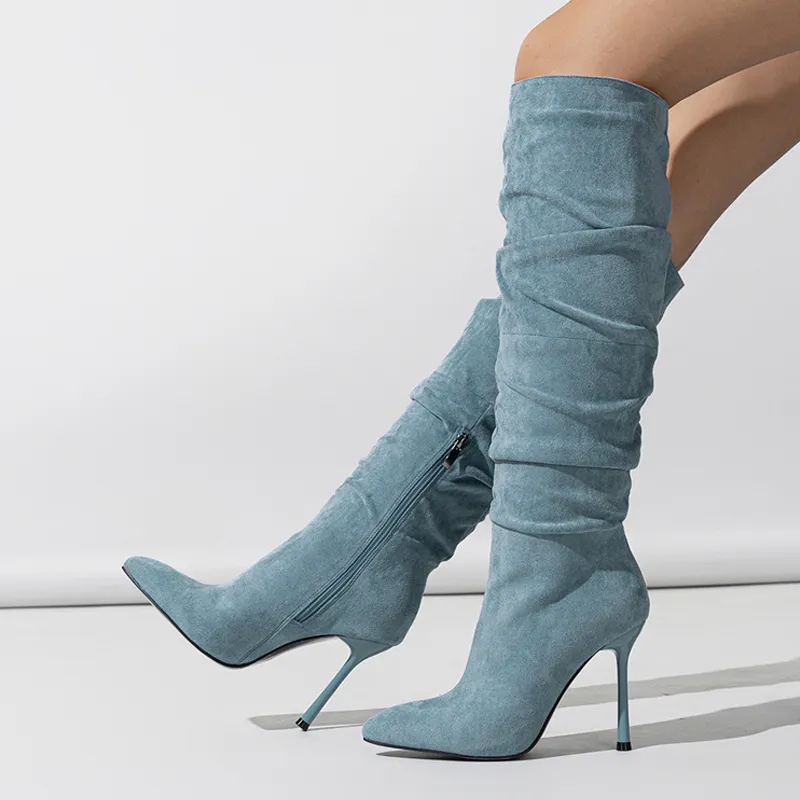 Knee High Winter Boots Women Stylish Pointed Toe Denim Booties For