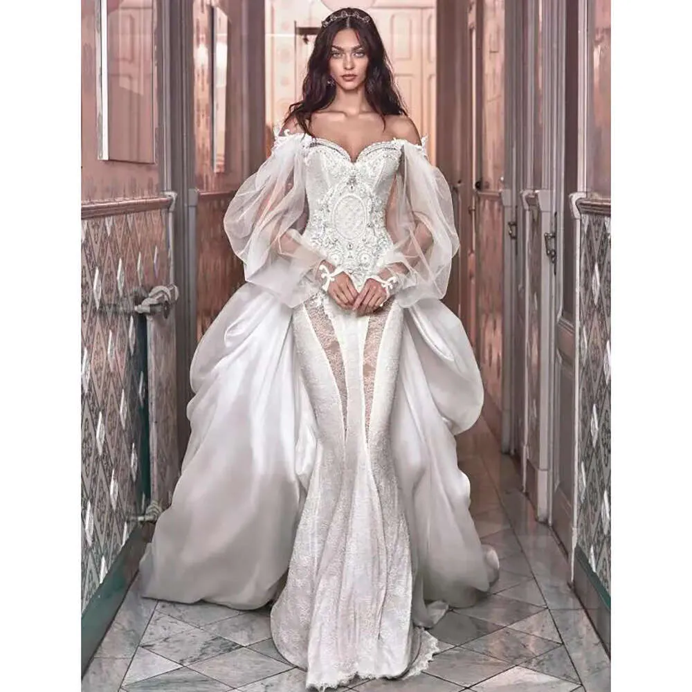 White Lace Off-Shoulder Witchy Wedding Dress with Detachable Train