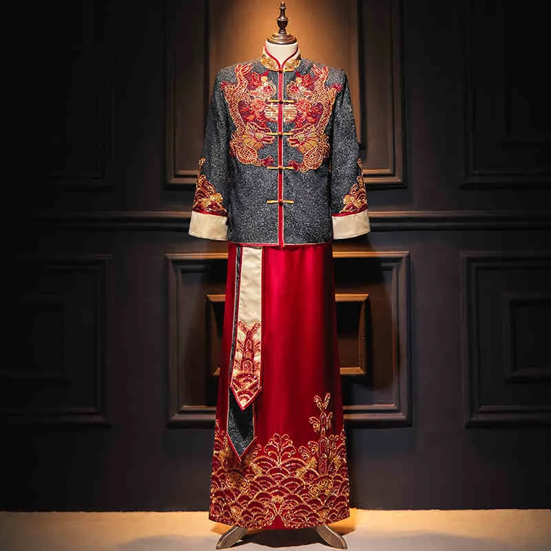 Traditional Chinese Wedding Clothes, Red And Black Dragon Robe