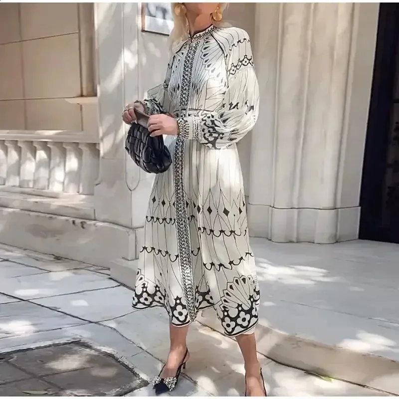 Geometric Print White boho dress with Belt - Elegant Court Style for Women (240903)