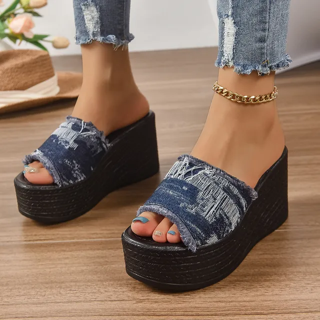 Aphixta Blue Denim Upper Women Sandals Side 9cm Wedge Heel Women Summer Platform Sandal Lady Wedge Shoes Big Size 43
