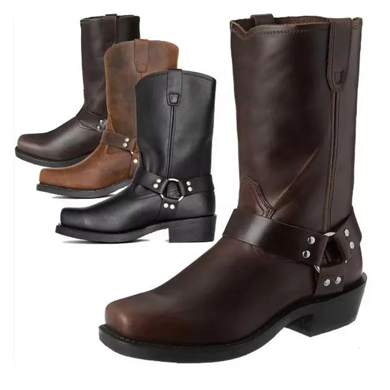 Brown PU Leather Cowboy boots near me with Durable Wood Heel and Ankle Support for Men Perfect for Parties Riding and Chukka Events Available in Big Sizes