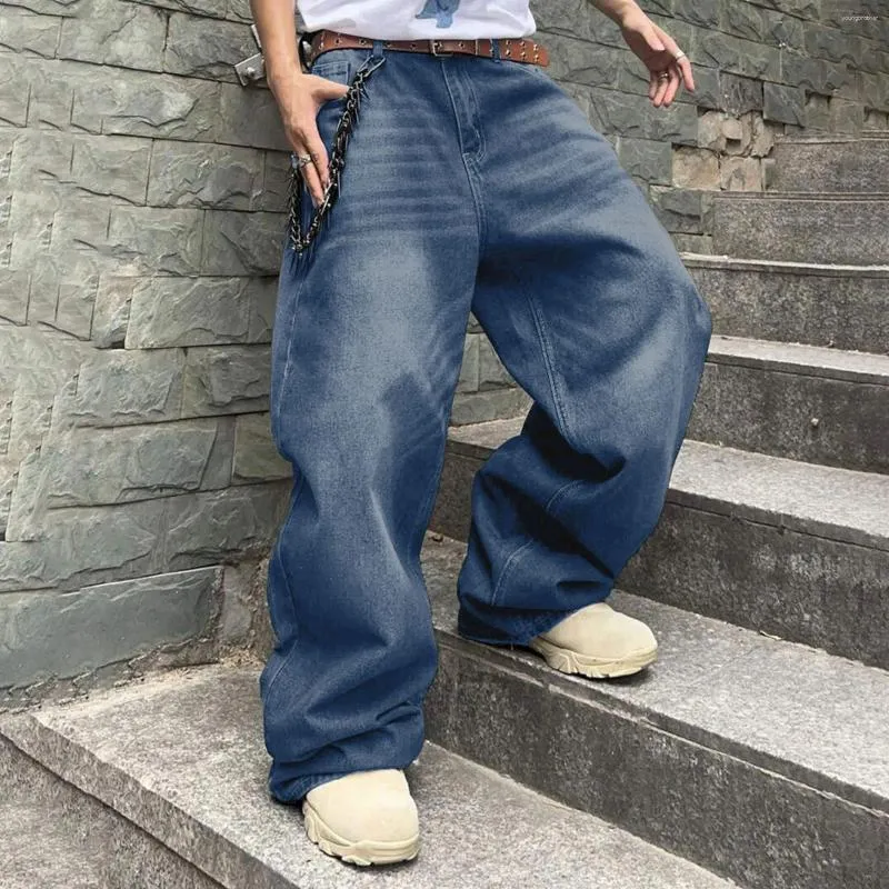 Mens Wide Leg Cargo Jeans Loose Fit Straight Denim Pants for