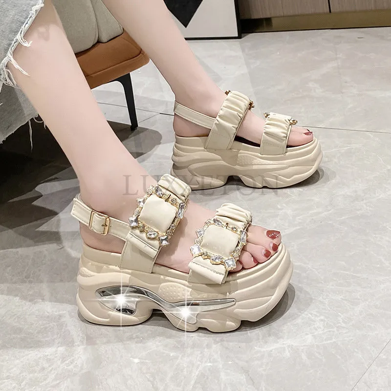 Shiny Crystal Platform Sandals Womens Summer Fashion Double