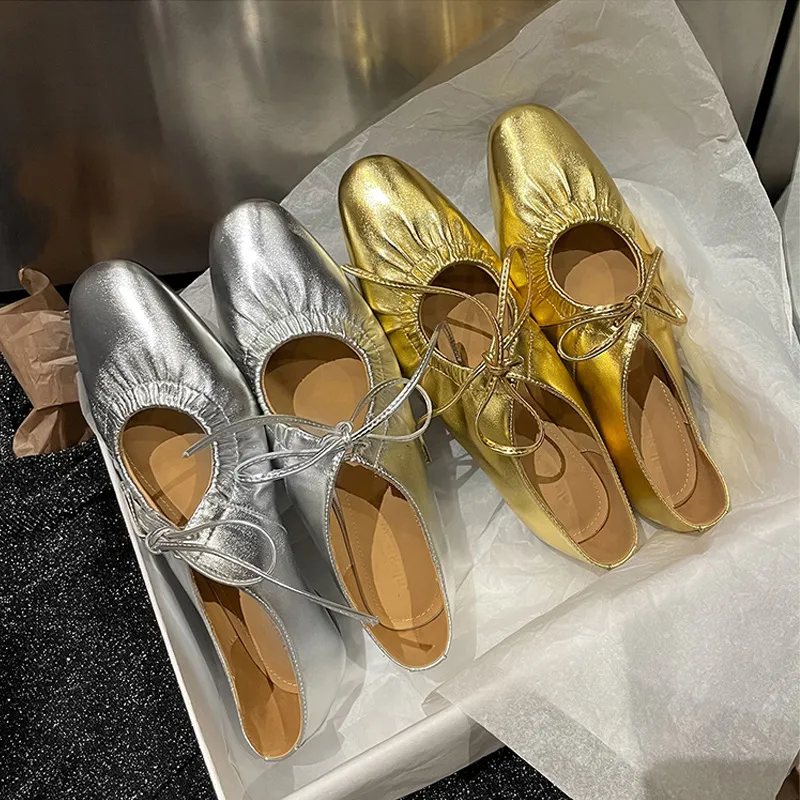 Gold Silver Lace Up Mary Janes Retro Women s Flat Shoes