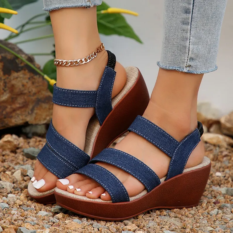 Bulk Plus Size Denim Amazon Ladies Wedge Sandals Comfortable Non Slip Platform High Heeled Roman Sanders For Womens Summer Casual Wear At Only 96.55 DHgate.Com