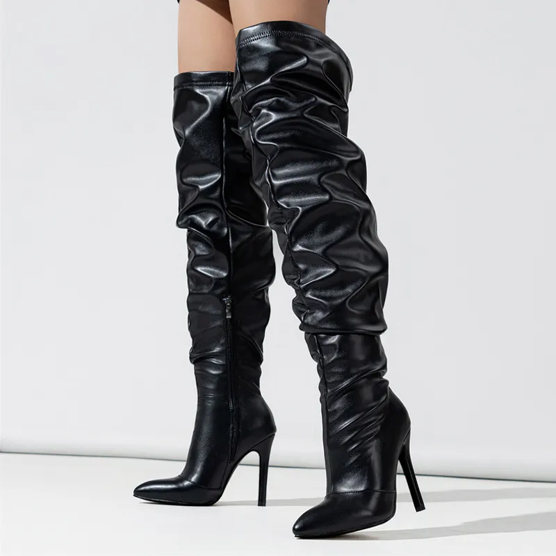 Liyke High Quality Sfot Cozy Solid Black Pleated Leather Over The