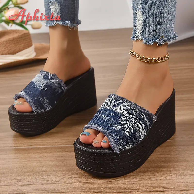 Blue Denim Platform Wedge Sandals 9cm Heel, Summer Style
