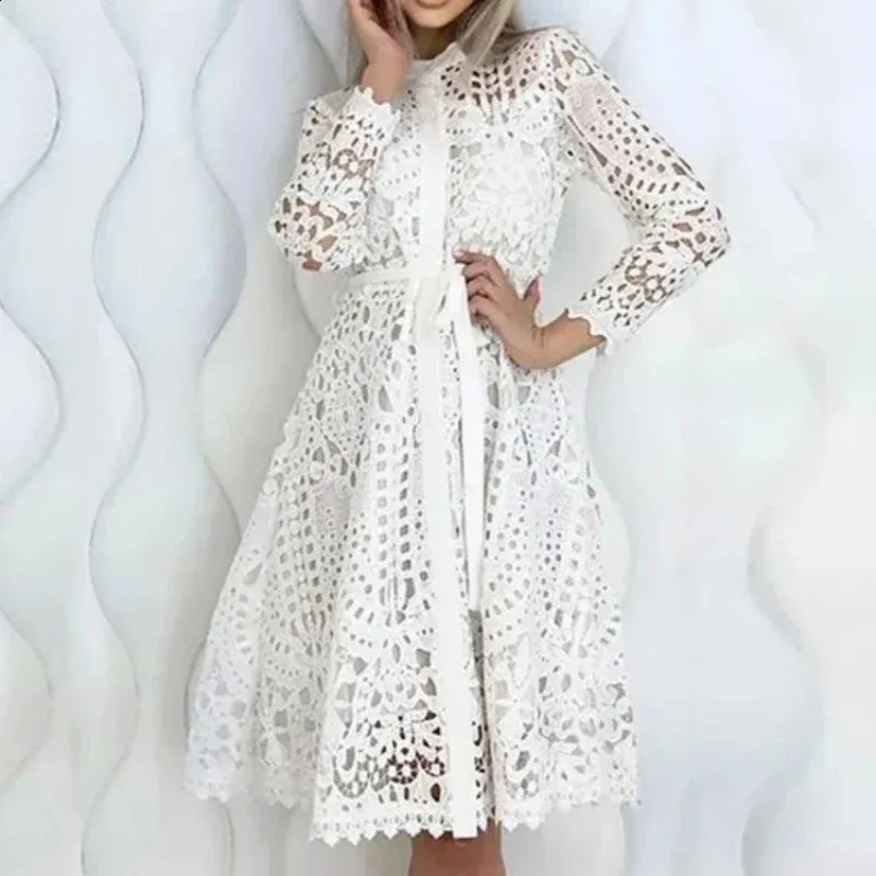 Elegant White casual White lace dress with Embroidered A-line and Large Hem Lining for Women - Long Sleeves, Single Chest (Style 240903)