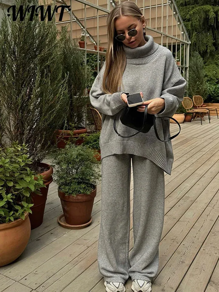 Oversized Sweater Outfit Turtleneck With Leggings Casual Knitted