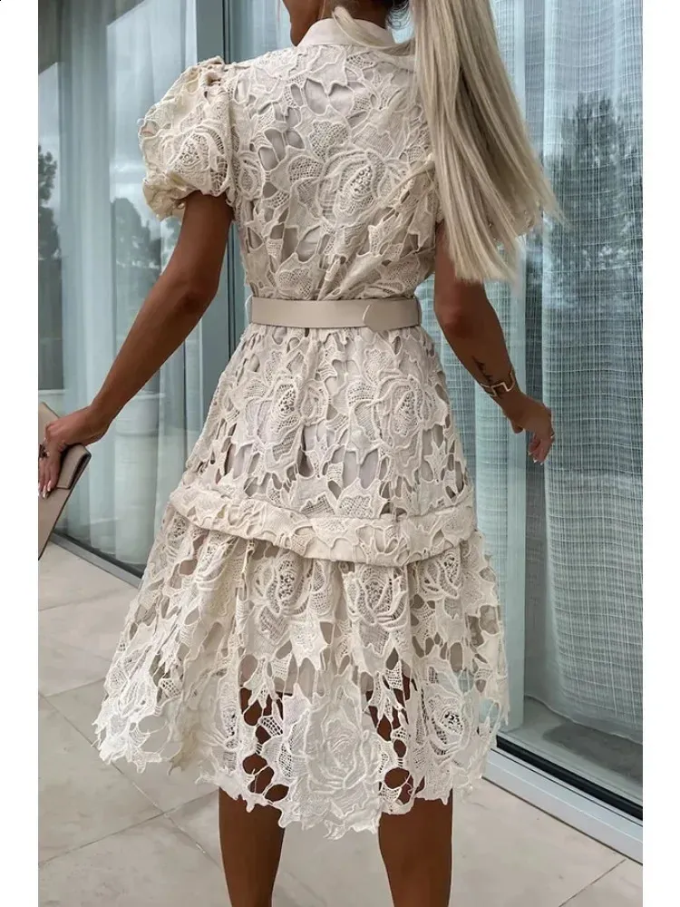 knee length dresses for ladies Rosee de Matin Lace High-Neck Maxi Dress in White