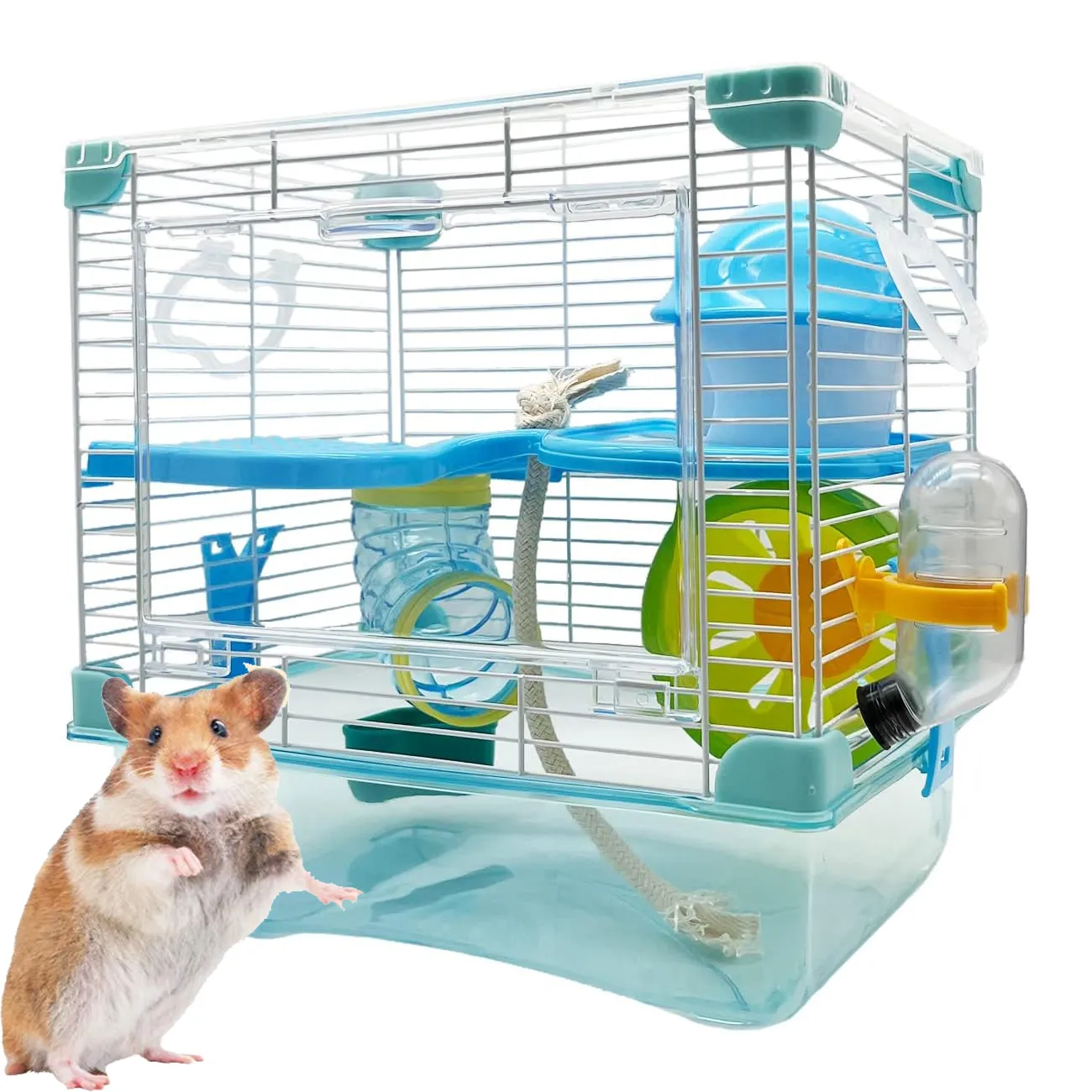 Image showcasing Spacious 2-Tier Hamster Cage with Tubes, Exercise Wheel, Water Bottle ...