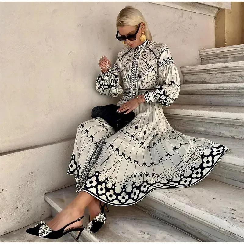 ★送料・関税込★I AM MARI★Reark Belt Best Dress★ Elegant Belt For Dress: Geometric Print Long Sleeve Dress