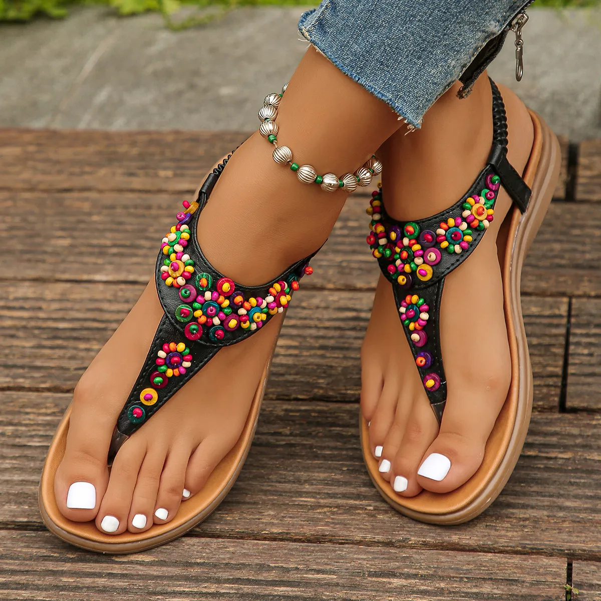 Colorful Beads Bohemian Sandals Elastic Band Clip Toe Flats for Women
