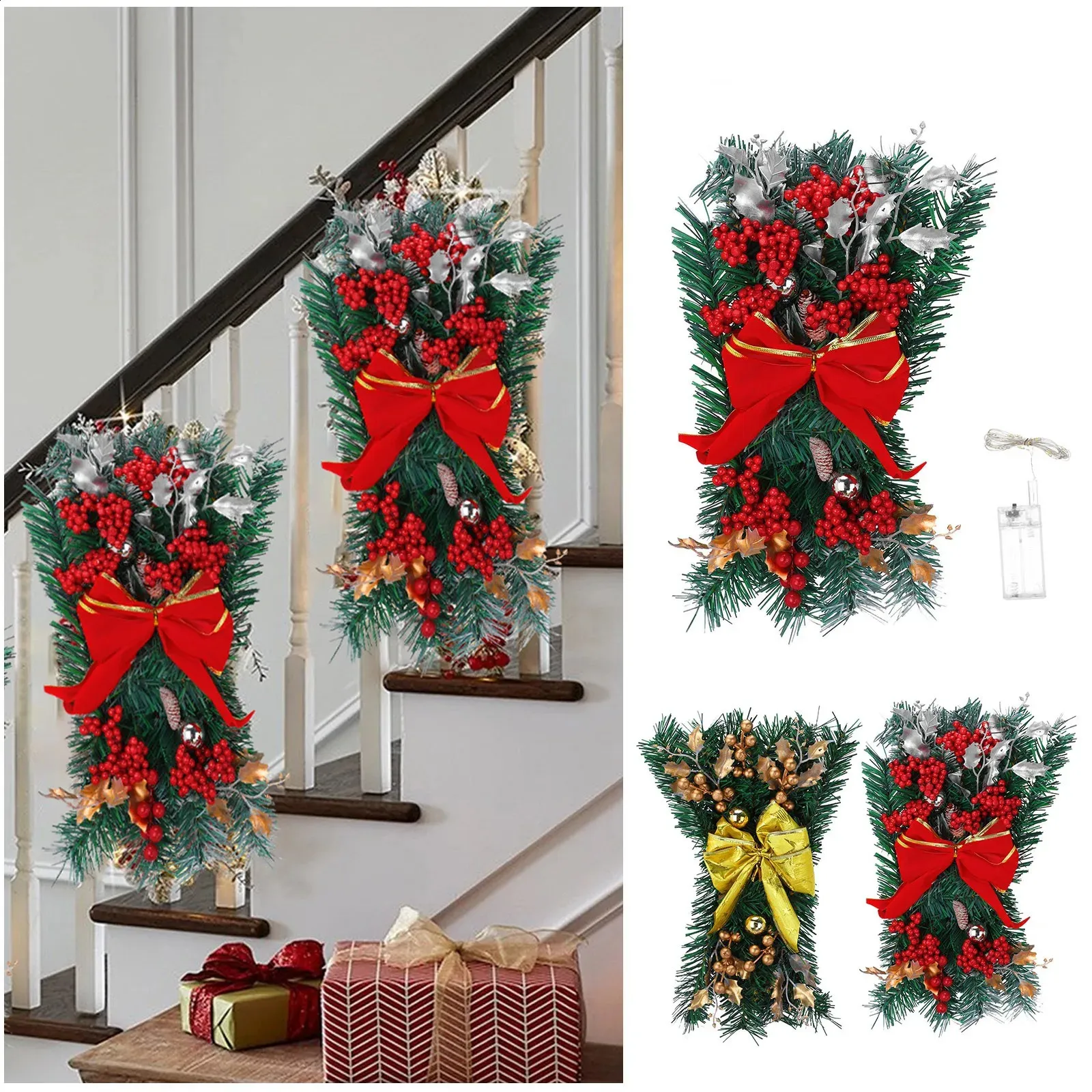Wraeth Stairs Battery Lighted Christmas Wreaths Pre-Lit Stair Garland with Lights ...