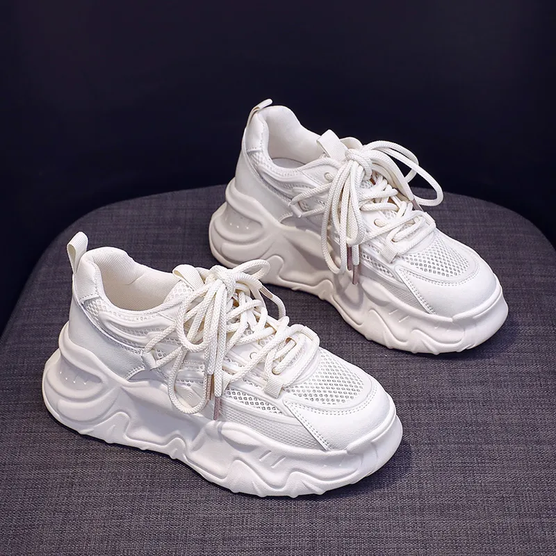 Leather Chunky Sneakers Womens Sports Shoes Ladies Thick White