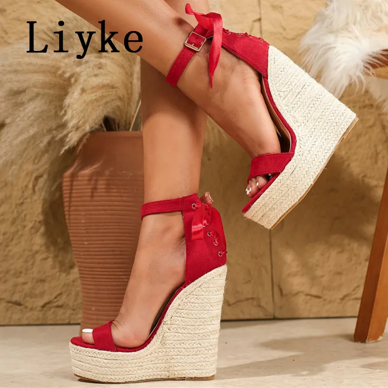 Women's Red Handmade Straw Rope Wedge Sandals Open Toe Buckle Lace Up  Platform Summer Heels