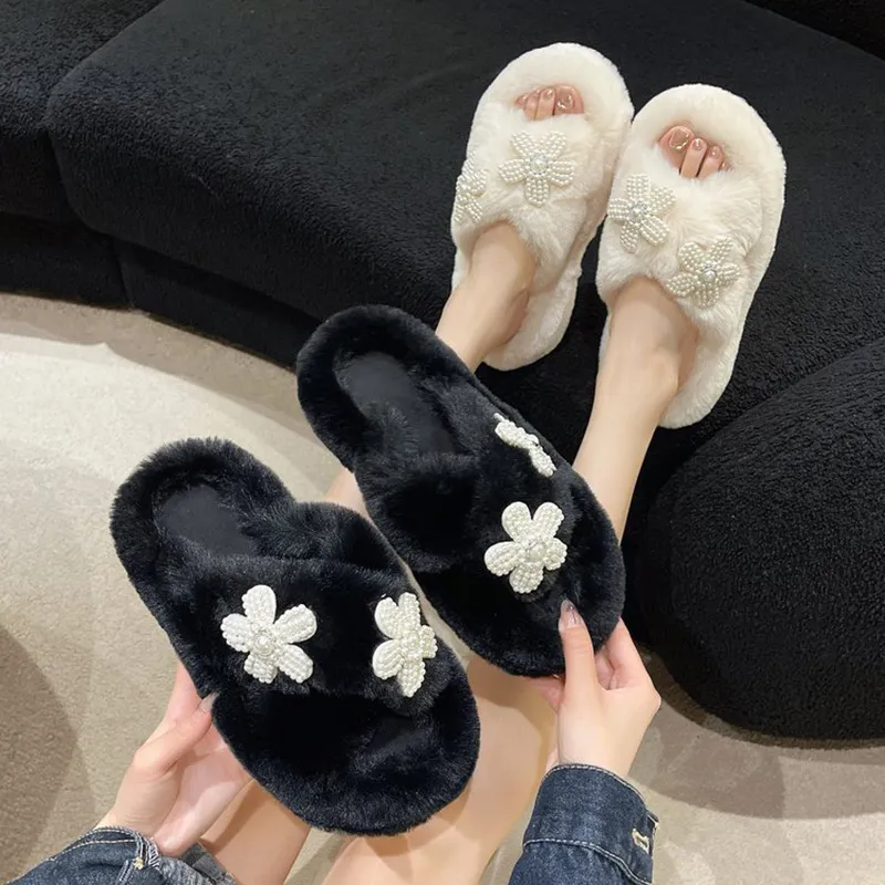 Plush Winter Trending Slides With Pearl Arch And Platform Fur For Women Girls Sweet Wer Decoration Home Shoes From Dh1293999 83.43 In Bulk DHgate.Com