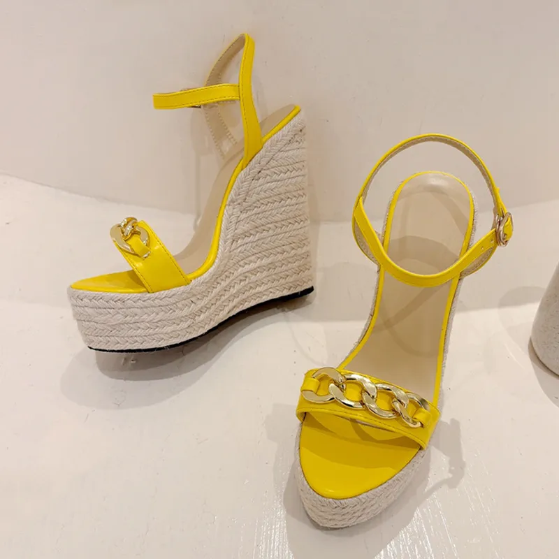Womens Black Open Toe Wedge Sandals with Chain Detail