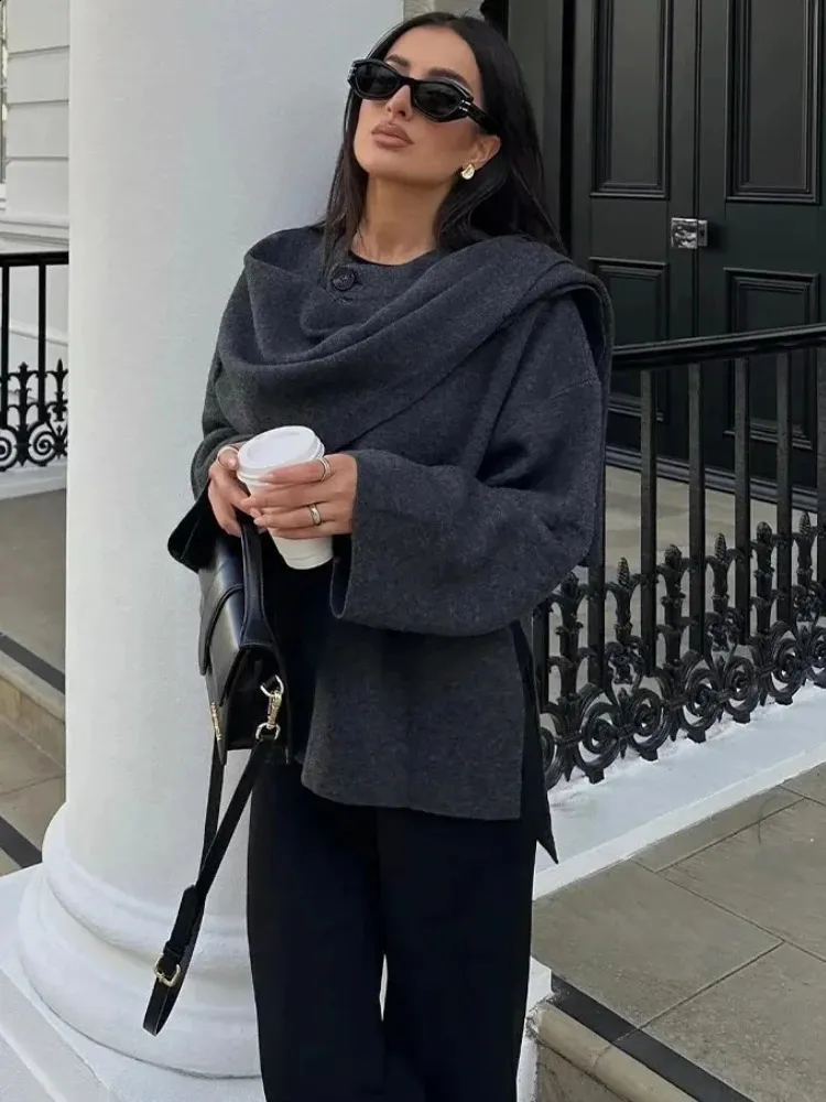 Asymmetrical Winter Coat: Womens Knitted Scarf Jacket, O Neck