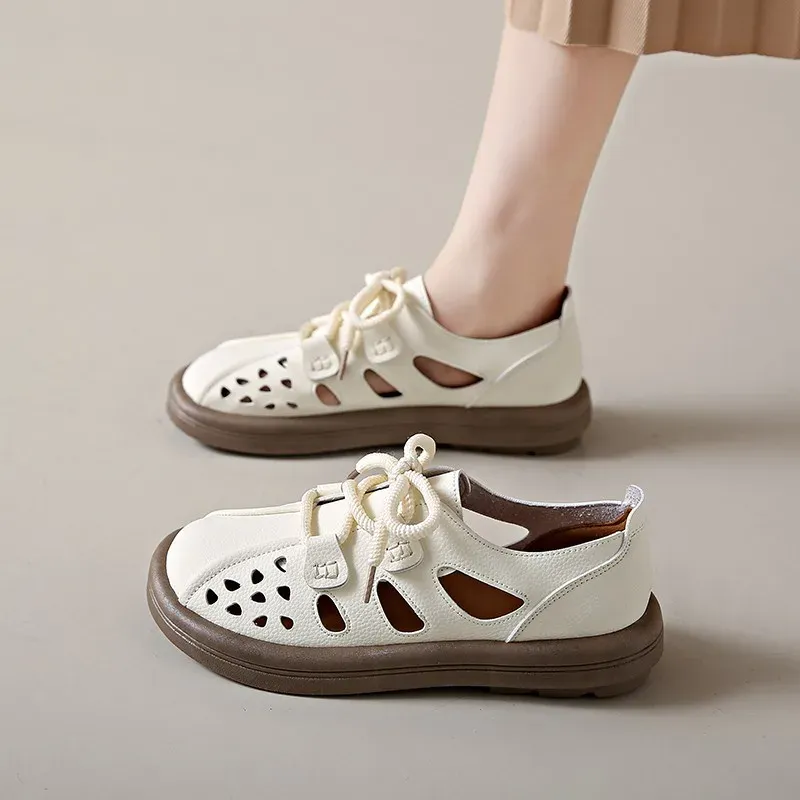Women s Lace Up Hollow Out Round Toe Sneakers Genuine Leather Casual Soft Soled Shoes