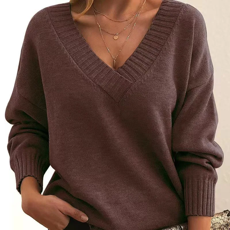 2023 Ny Stil Strikket Pullover Top til Kvinder Løs V-hals Casual Alsidig Strik til Kvinder C77Q