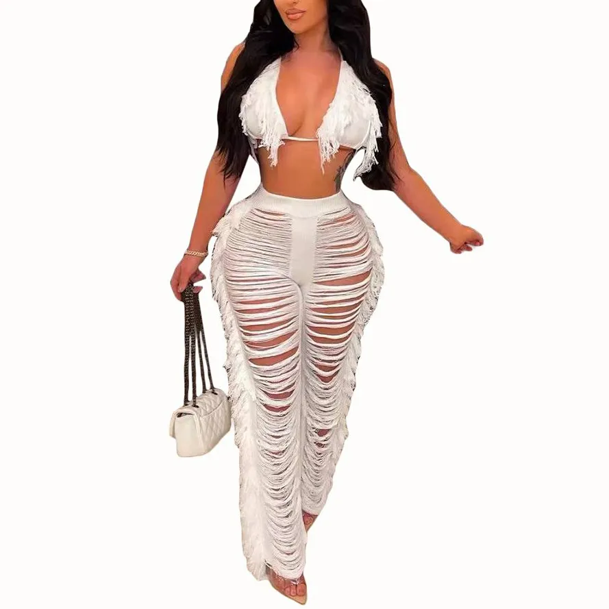 Save Big on Bulk Womens Piece Pants Outfit Women Sexy Two Piece Pants  Piece Outfits Halter String Tassel Triangle Bikini Top Crochet Fringe Pant 