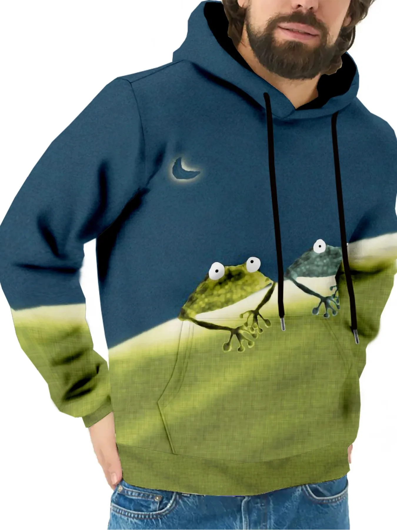 Mens Stylish Frog Print Hoodie: Warm, Comfortable Trendy Fleece