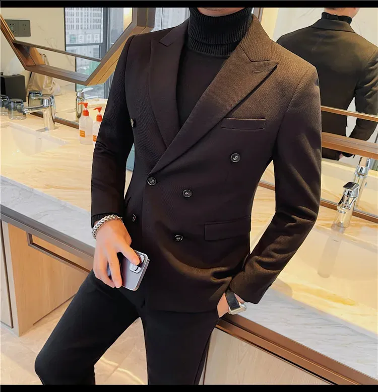 Mens Slim Fit Double-Breasted Blazer Jacket - British Style