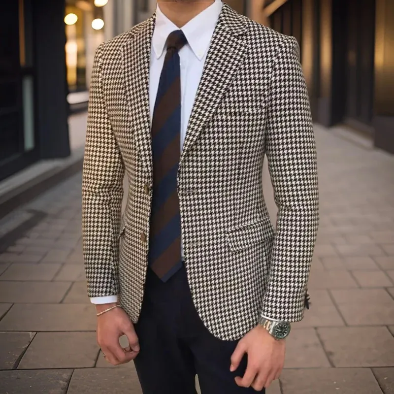 Check Plaid Blazer Slim Fit Men Suit Jacket Houndstooth American