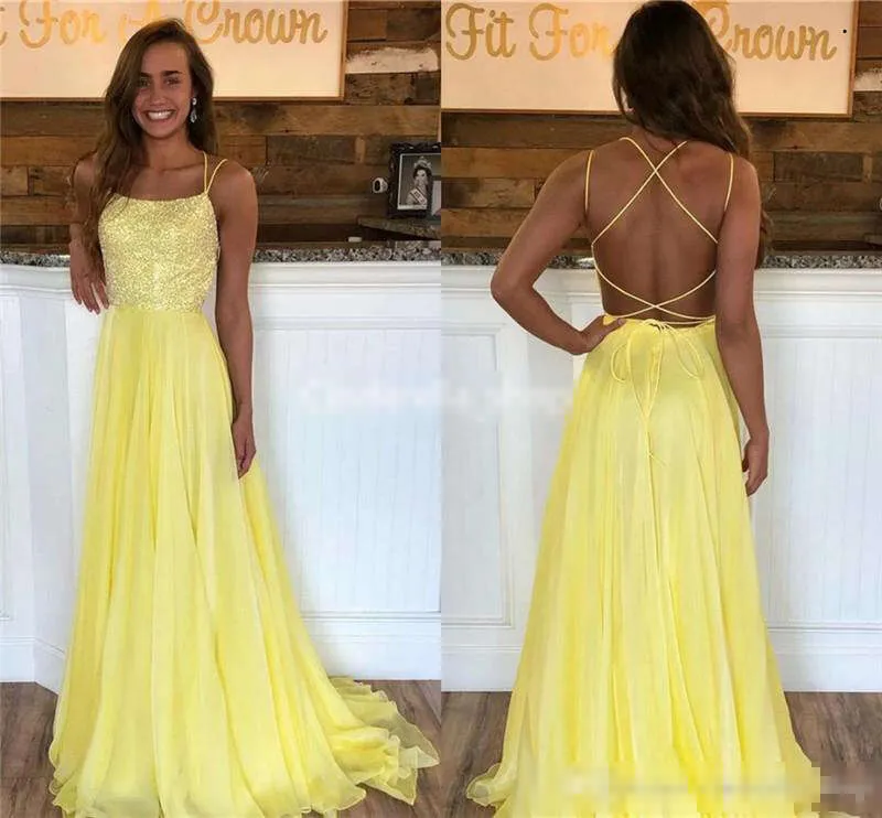 Save Big on Bulk Colorful Sequin Prom Dresses Yellow Sexy Backless Evening  Dresses Chiffon Criss Cross Straps A Line Sweep Train Sequins Custom Made 