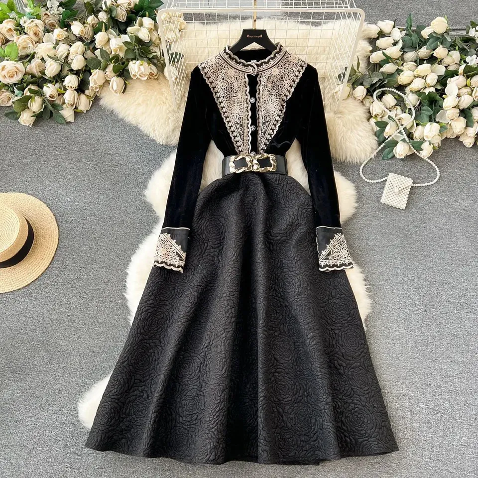 French Embroidered Velvet Long Sleeve woolen dress for women - Sexy and Elegant Women's Clothing (240904)