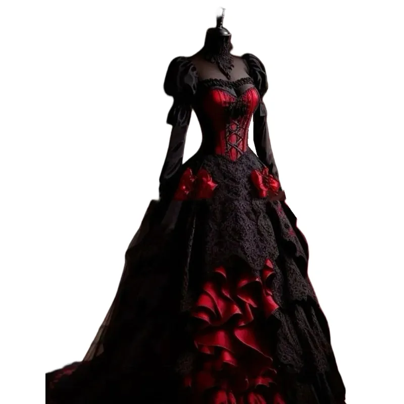 Black and Red Gothic Gothic Evening Dress with Long Sleeves, Lace and Satin Tiered A-Line, Medieval Prom Dress for Women - 2525 Collection, Ruffled