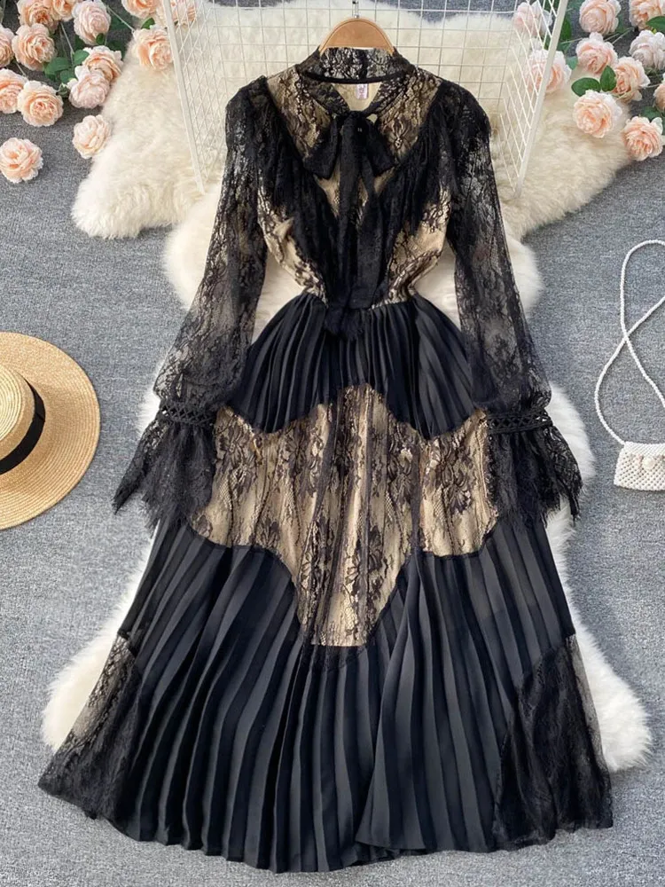 Elegant Bow Lace Splicing Lace Dress with Sleeves for Women - Sleeve Ruffle Long Lace Dress with Sleeves - Perfect for Spring and Autumn Parties (