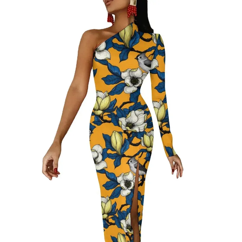 DHgate.com:One Shoulder Floral Maxi Dress - Tropical Bird